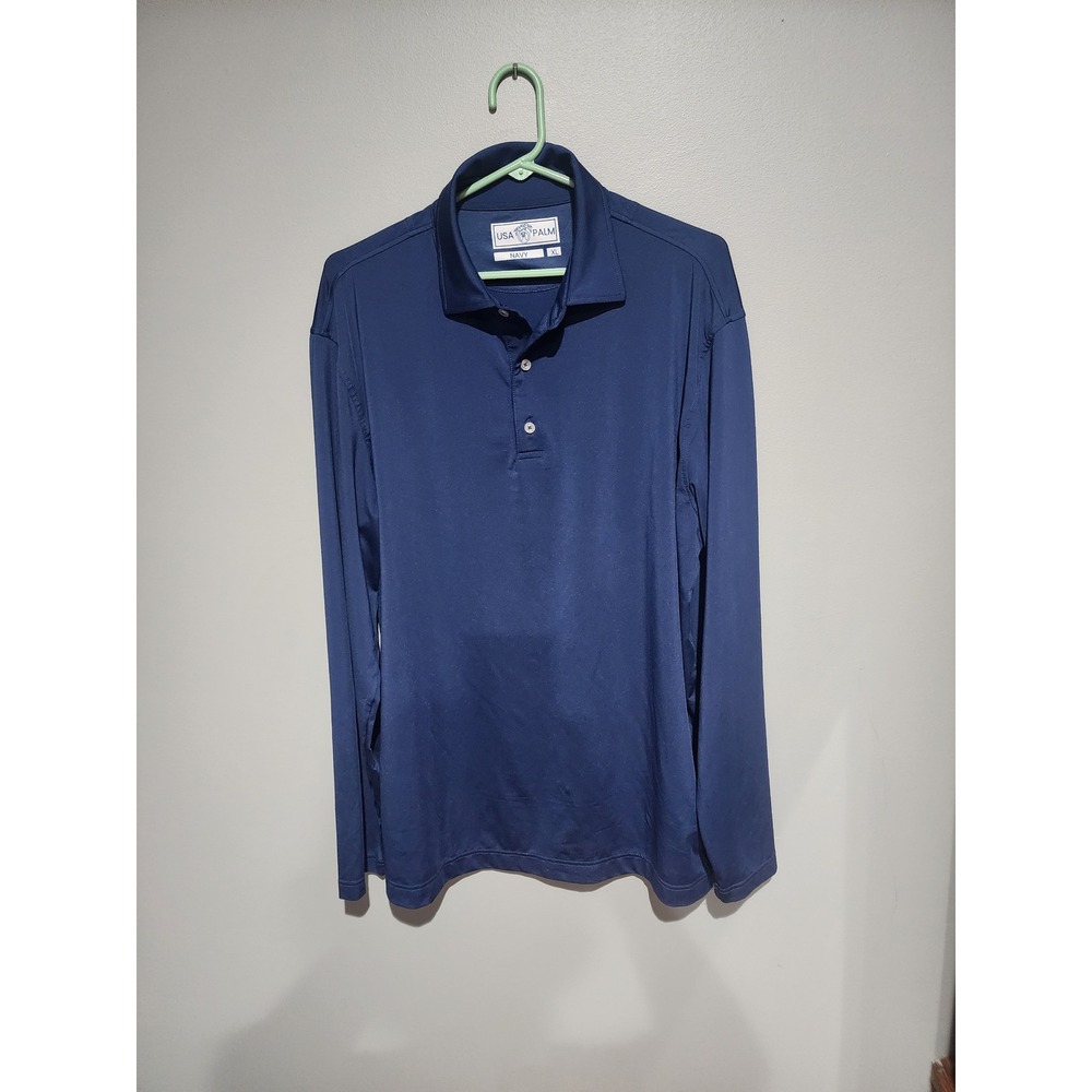 USA Palm Mens Long Sleeve Polo Shirt Navy Blue Performance Golf Top XL